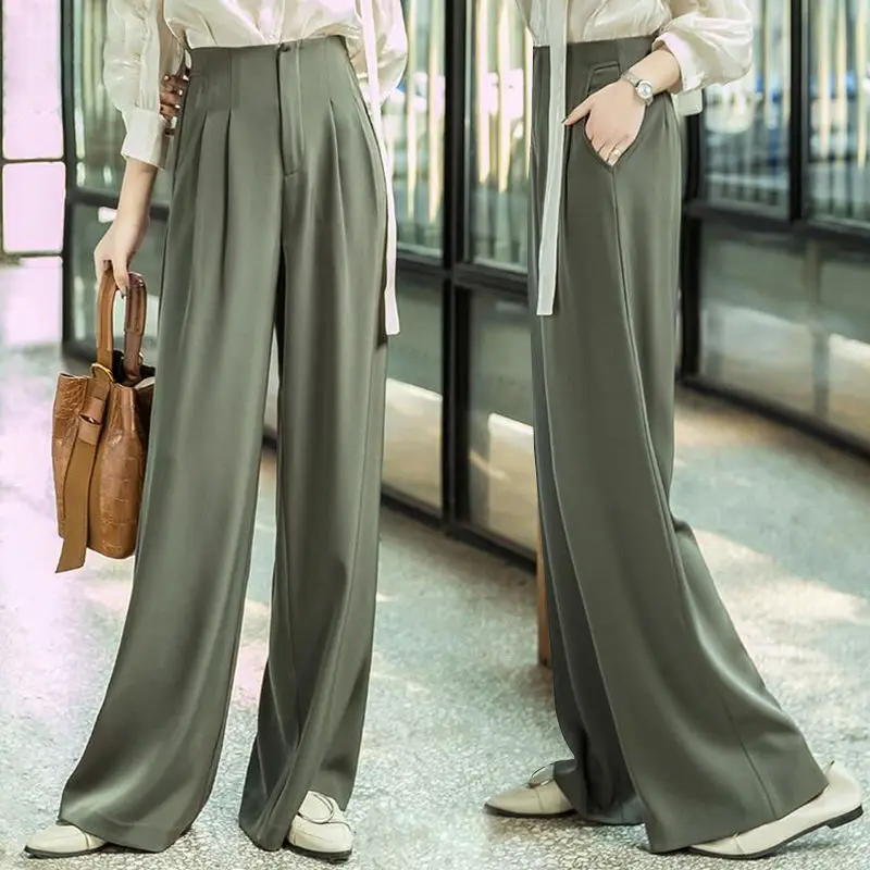 

2021 Spring Autumn Female Solid Wide Leg Suit Pants Women Full-Length Trousers Lady High Waist Simple Elegant Straight Pants Z70