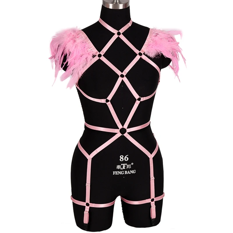 Womens Feather Epaulettes Goth Steampunk Shoulder Wings Sexy Lingerie Set Full Body Harness BurningMan Club Festival Rave Wear