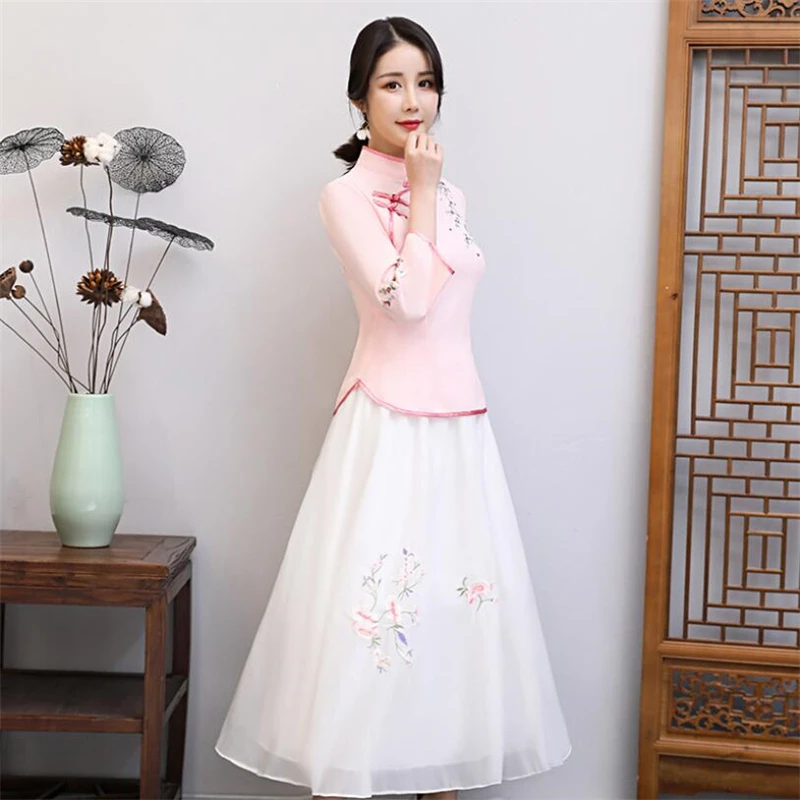 2020 рубашка с цветочной вышивкой + юбка qipao Костюм для женщин Современная