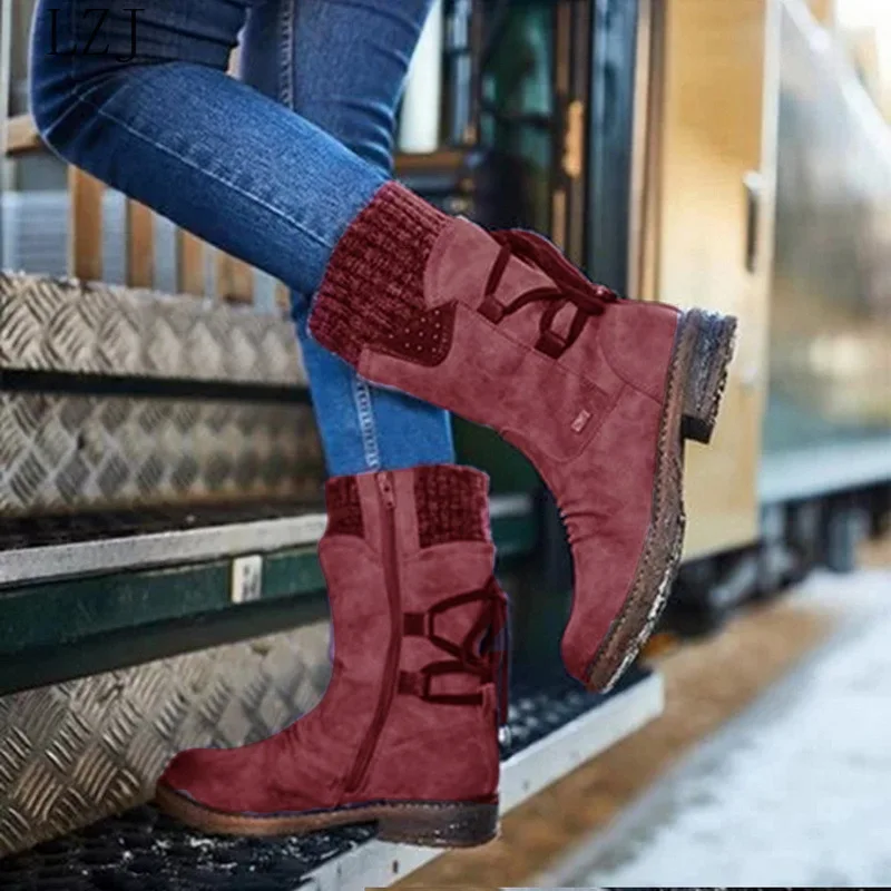 

2022 Hot New Autumn Early Winter Shoes Women Flat Heel Boots Fashion Knitting Patchwork Women's Boots Woman Short Botas