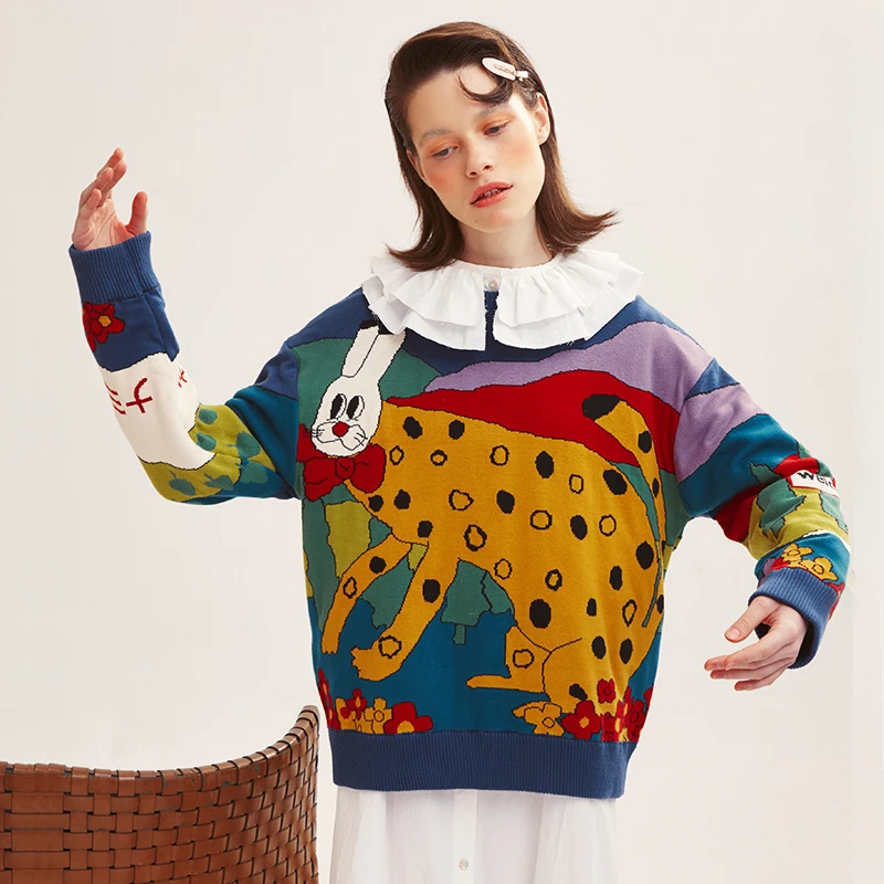 

Funny Rabbit Floral Jacquard Sweet Vintage Women Cotton Sweater Pullovers Long Sleeve Thick Warm Winter Knitted Jumper Tops Fall