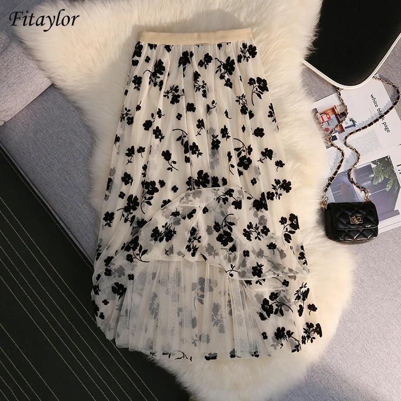 

Fitaylor/Летняя женская фатиновая юбка с принтом и высокой талией, Женская фатиновая модная свободная длинная юбка, Милая юбка трапециевидной ф...