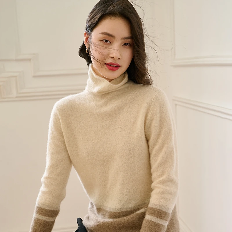 

Autumn Winter 100% Cashmere Sweater Women Pullover Fashion Casual Patchwork Color Classic Turtleneck Jumper Loose Women Tops