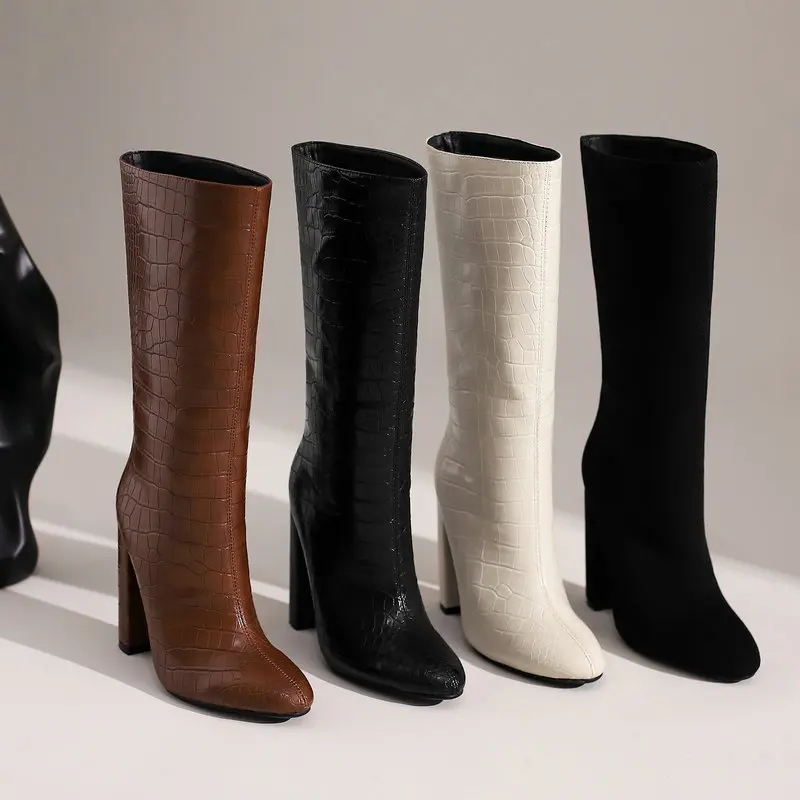 

2021 Retro Stone Print Women Knee High Boots Slip On Square High Heel Calf Boots Lady Pointed Toe Autumn Winter Shoes Plus Size