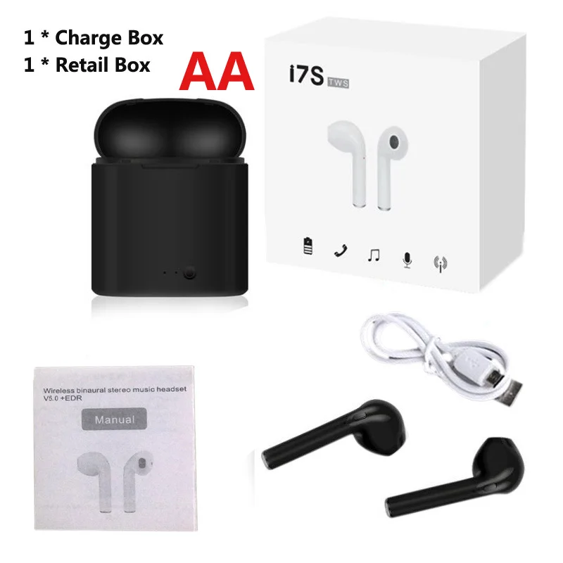 A 2 Black Retail Box TWS i7S беспроводные наушники-вкладыши Bluetooth V5.0 гарнитура музыкальные наушники-вкладыши с зарядкой для iPhone Xiaomi всех смартфонов - Цвет: A 2 Black Retail Box