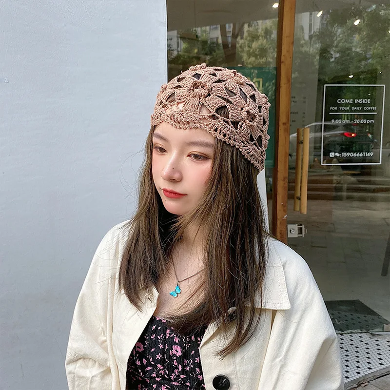 

Elegant Hand Crochet Cotton Beret Knits Baotou Painter Ms Hat Brim WOMEN HOLLOW HAT Hollow Out Mesh Knitted Cap