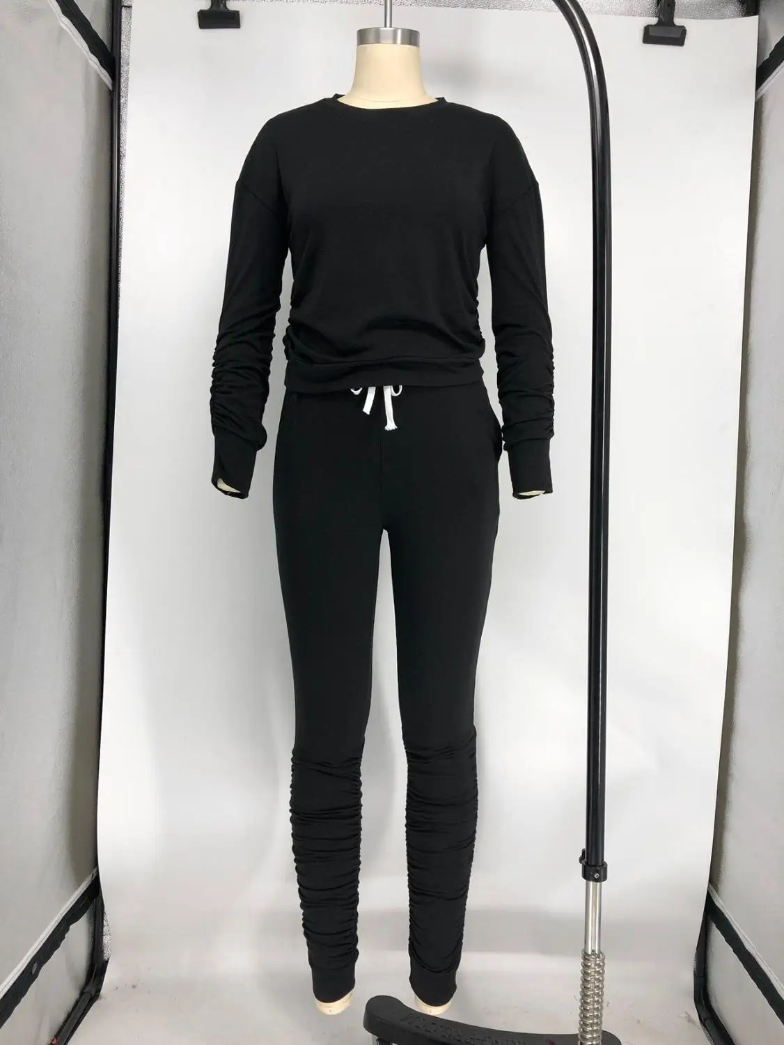 Осень 2020 однотонный спортивный костюм женский Топ с длинным рукавом и