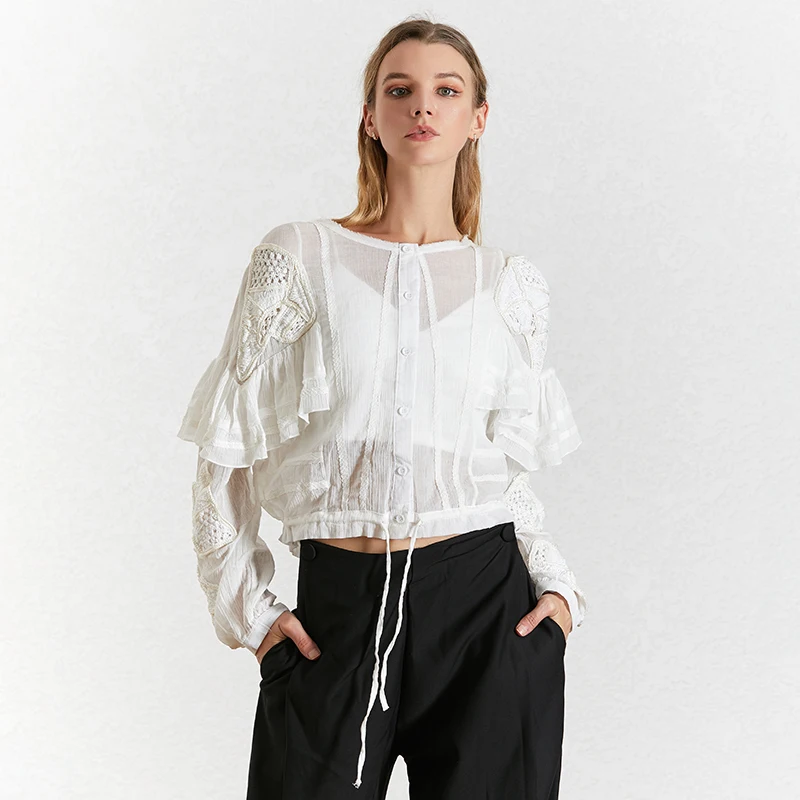 TWOTWINSTYLE Ruffle Hollow Shirts For Women O Neck Perspective Bowknot Lace Up Shirt Blouse Female Autumn Fashion New