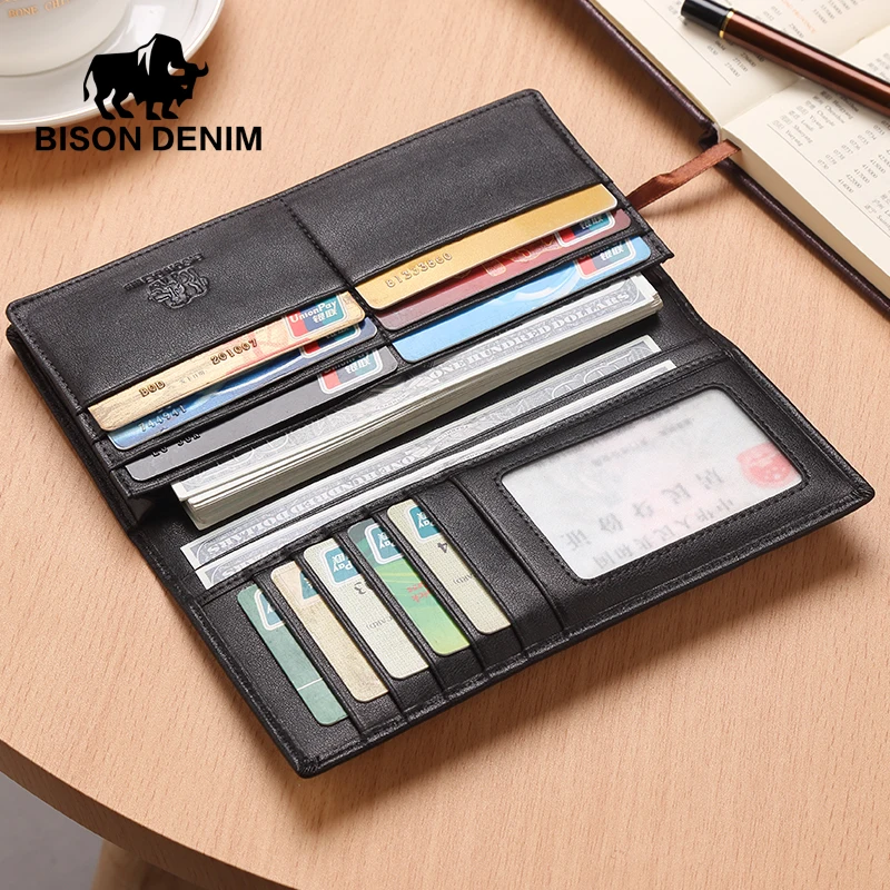 BISON DENIM luxury brand men wallets genuine leather long slim bifold wallet business male card holder purse