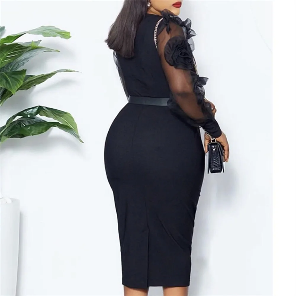 

Elegant Office Lady Little Black Midi Dress Mesh Long Sleeve Patchwork Bodycon Plus Size Women Autumn Work Wear OL Pencil Dress