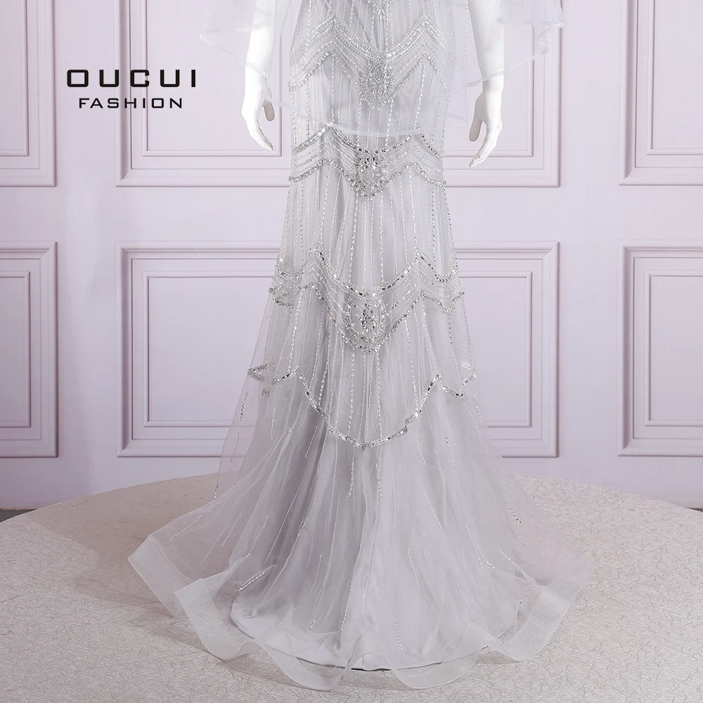 

Oucui Silver Long Mermaid Evening Dress O-neck Cape 2020 Elegant Beaded Party Evening Gowns For Women Robe de Soiree OL103715