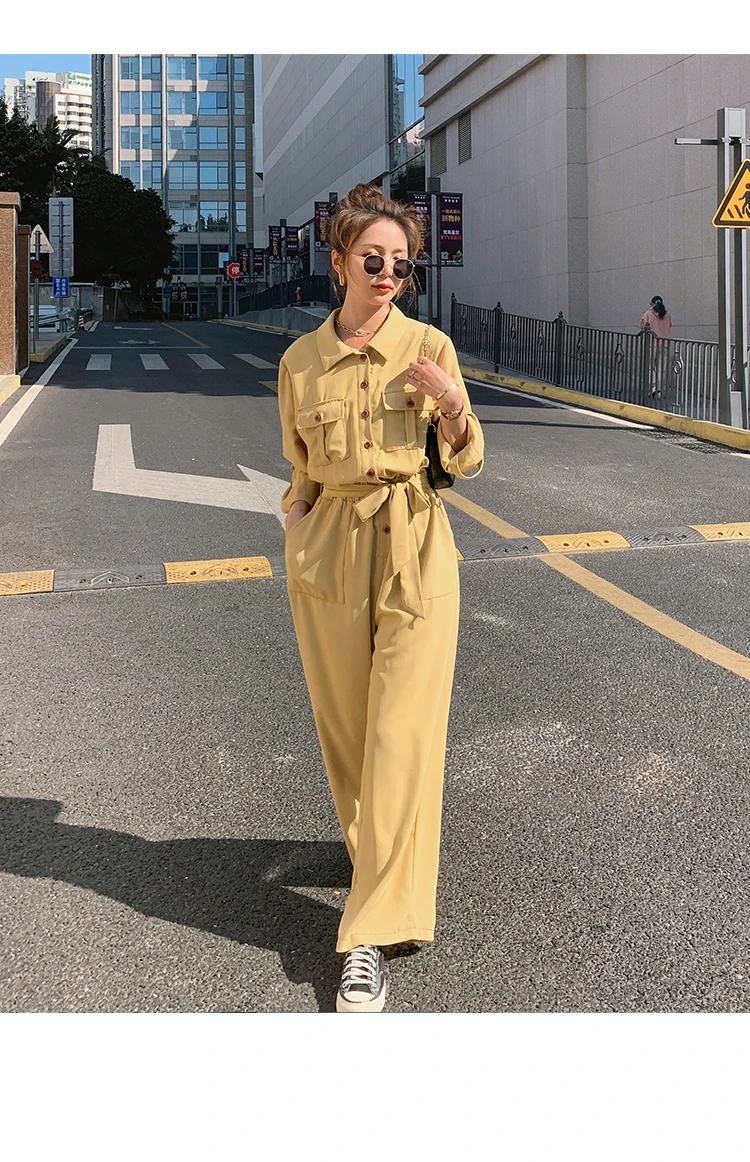 

Khaki Jumpsuit Spring Autumn Women Long Sleeve Wide Leg One Piece Pants Sets Female Elegant Loose Bandage Overalls Romper 2021