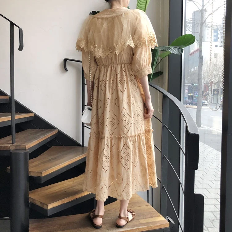 

Fahsion Loose Large Lapel Lace Ruffles Pleated Midi Dress for Women 2021 Summer Retro High Waist Puff Sleeve Long Dresses Female