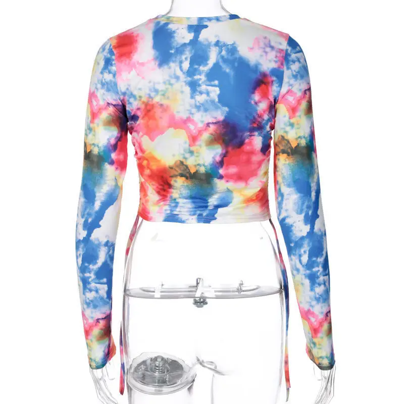 

Y2K Tie-dye Fashion Women Blouse Round Neck Long Sleeved Pleated Short T-shirt High Street Harajuku Pullover Ladies Street Wear