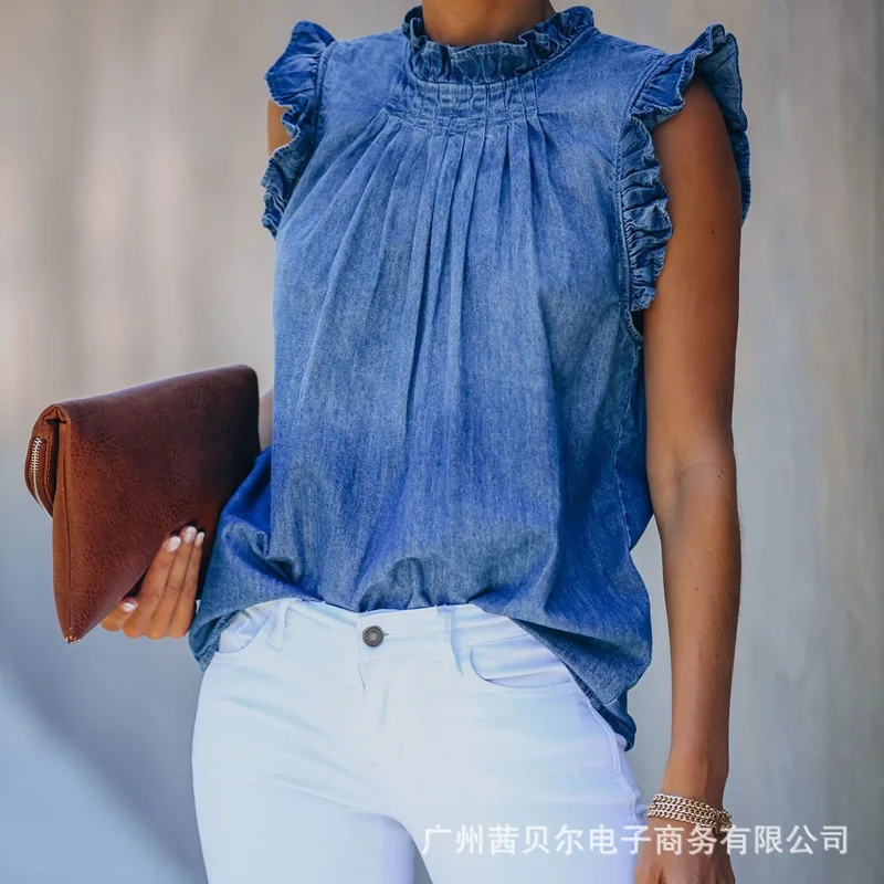 

WEPBEL Button Ruffled Denim Top Women Sleeveless T Shirt Denim O Neck Ruffles New Back