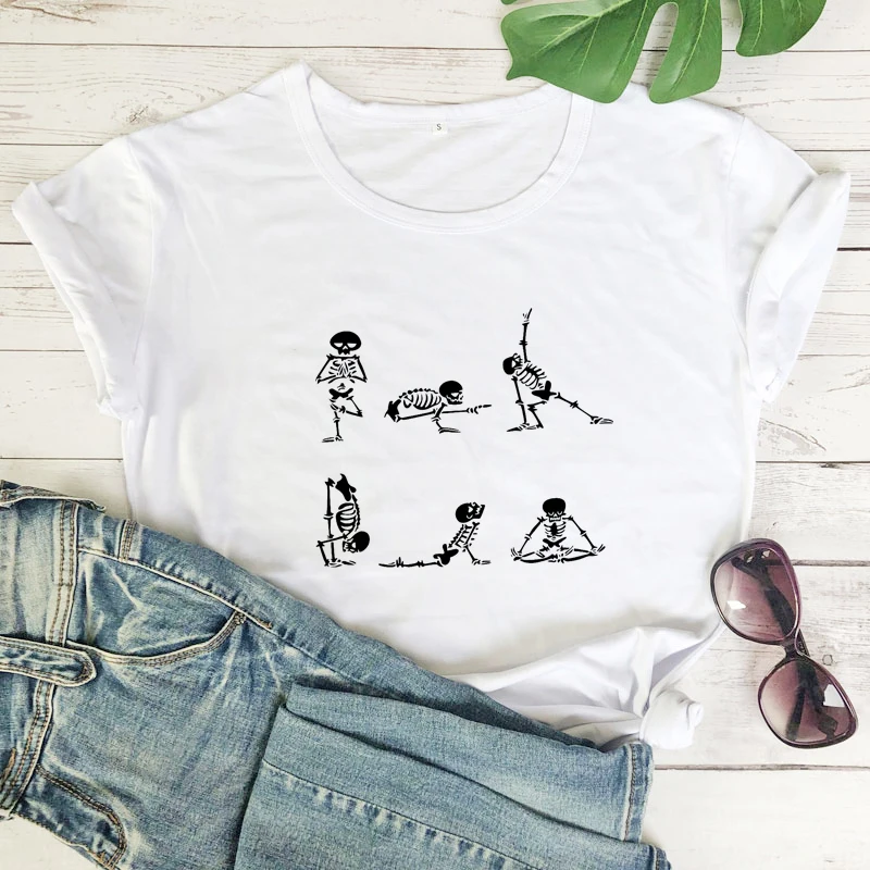 Футболка для Хэллоуина йоги скелета забавная Женская футболка тренировок в