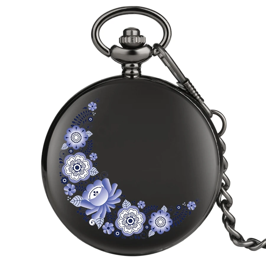 

Moon Shaped Purple Flowers Pocket Watch Fashion Floral rattan Quartz Pocket Watch Jewelry Chain Clock Gifts for Men Women 2020