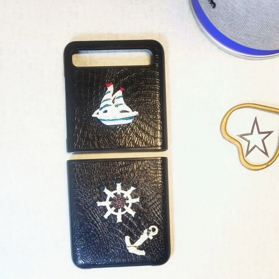 

for Samsung Galaxy zflip mobile phone case f7070 f7000 folding 5g sailboat black leather shell