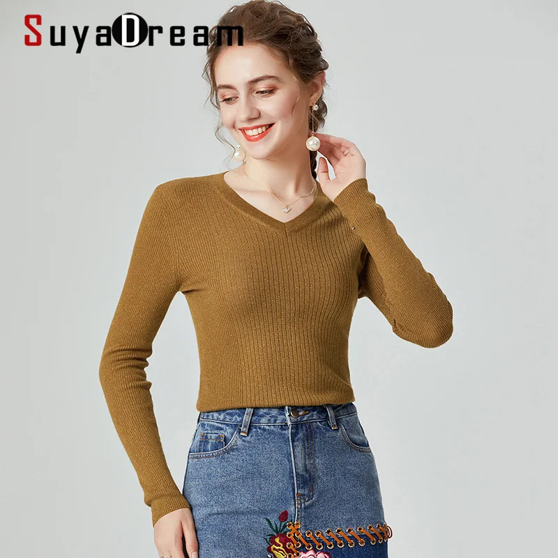 

SuyaDream woman Wool sweaters 100%Wool V neck Pullovers Long Sleeve Solid Slim Rib knits BASE Sweaters 2020 Fall Winter Knit Top