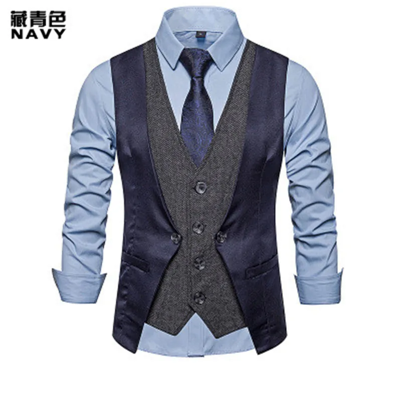 

Plus size men smart casual suit vest mens Sleeveless fake two pieces suit vest coat patchwork color Single-breasted Vest Tops