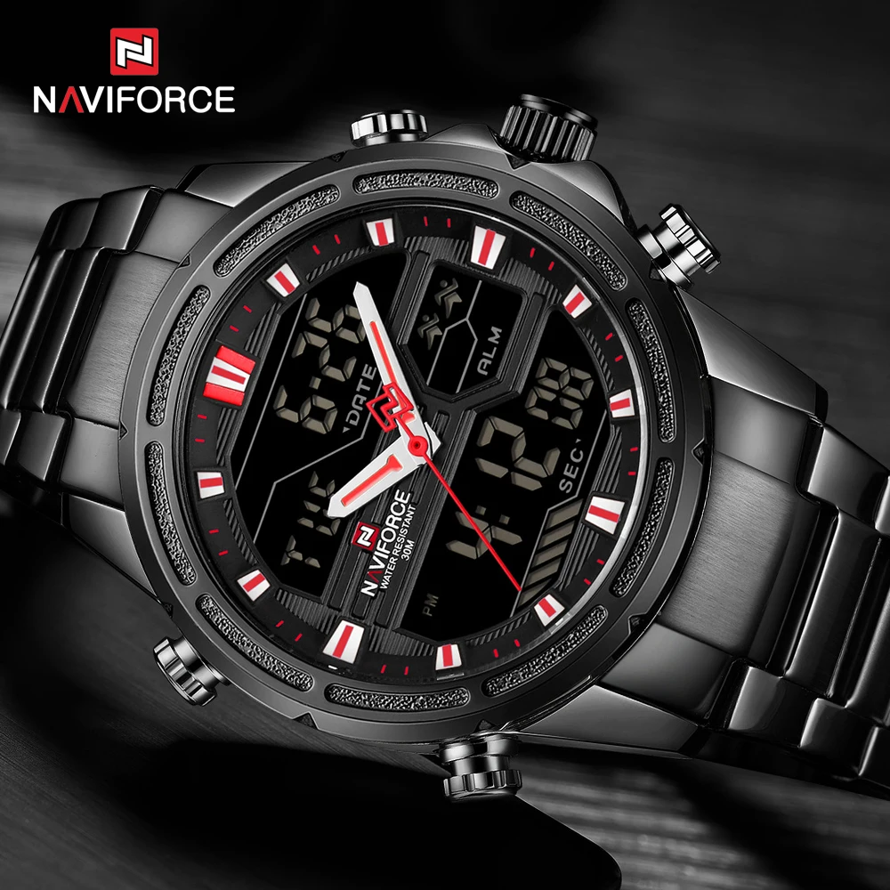 NAVIFORCE наручные мужские спортивные часы, мужские Кварцевые светодиодный цифровые часы, мужские полностью стальные водонепроницаемые наручные часы Relogio Masculino