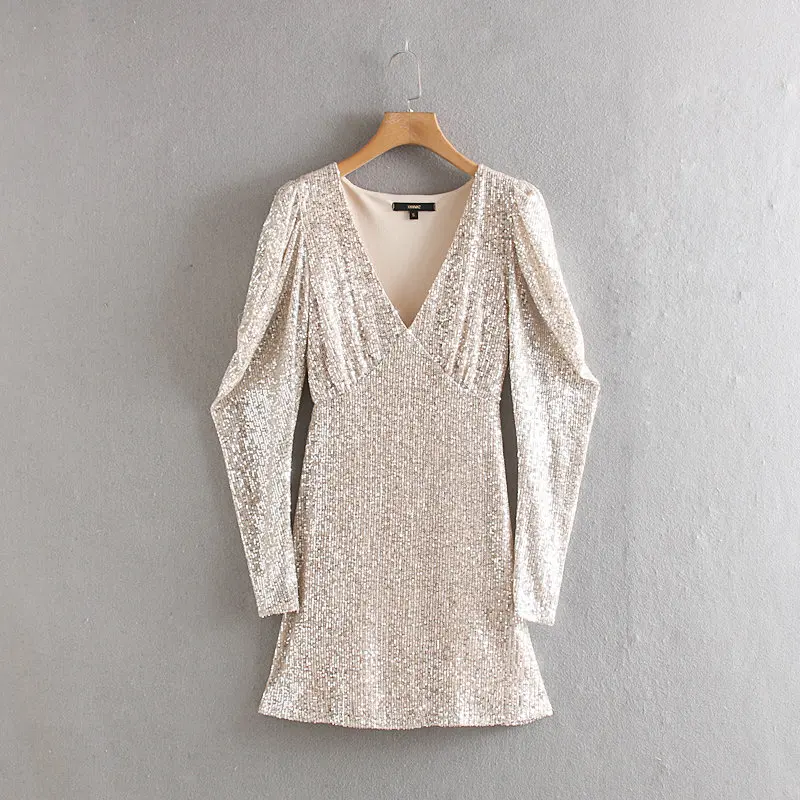 2020 женское модное мини-платье с v-образным вырезом и пышными рукавами пайетками
