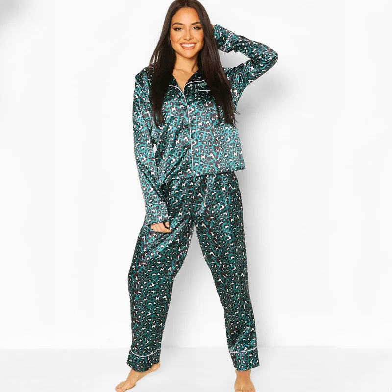 

Leopard Print Pajamas Set Women Pink Green White Animals Print Silk Like Fashion Sleepwear Two Piece Set Spring Home Clothes XXL