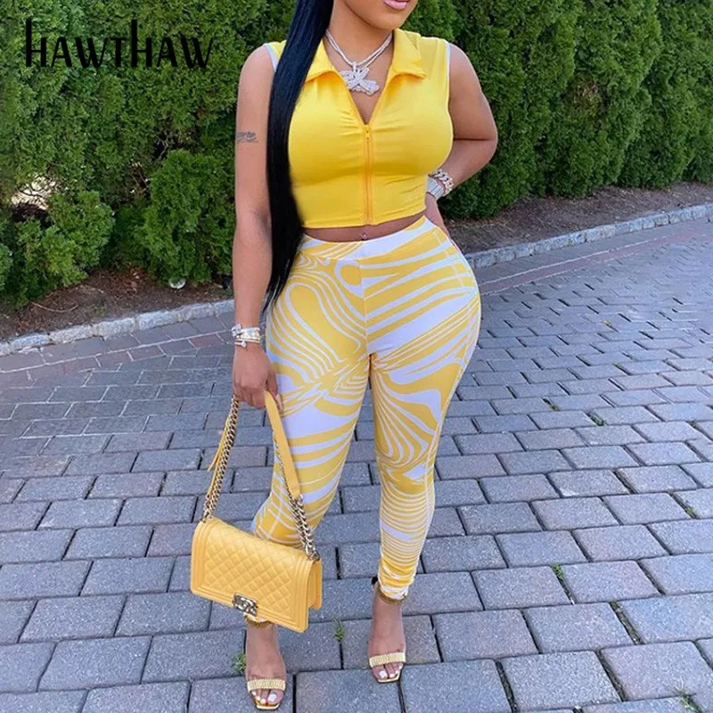 

Hawthaw Women Fashion Autumn Tank Tops Printed Long Pants Two Piece Sets Suits Outfit 2021 Fall Wholesale Lots Bulk Clothes