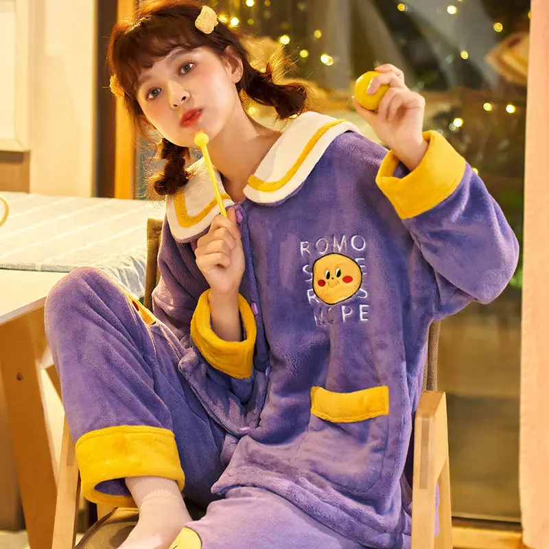 Coral Velvet Pajamas for Women Thickened Plus Flannel Sleepwear Autumn and Winter Cute Home Service Suits Nightwear Pijama