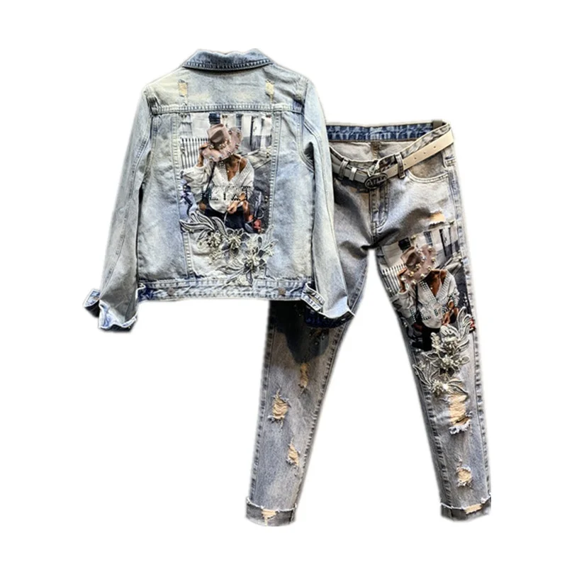 

Women's Personalized Beauty Patch Rhinestone Flower Light Blue Hole Denim Jacket + Harem Pants Ripped Jeans Femme Buy Separately