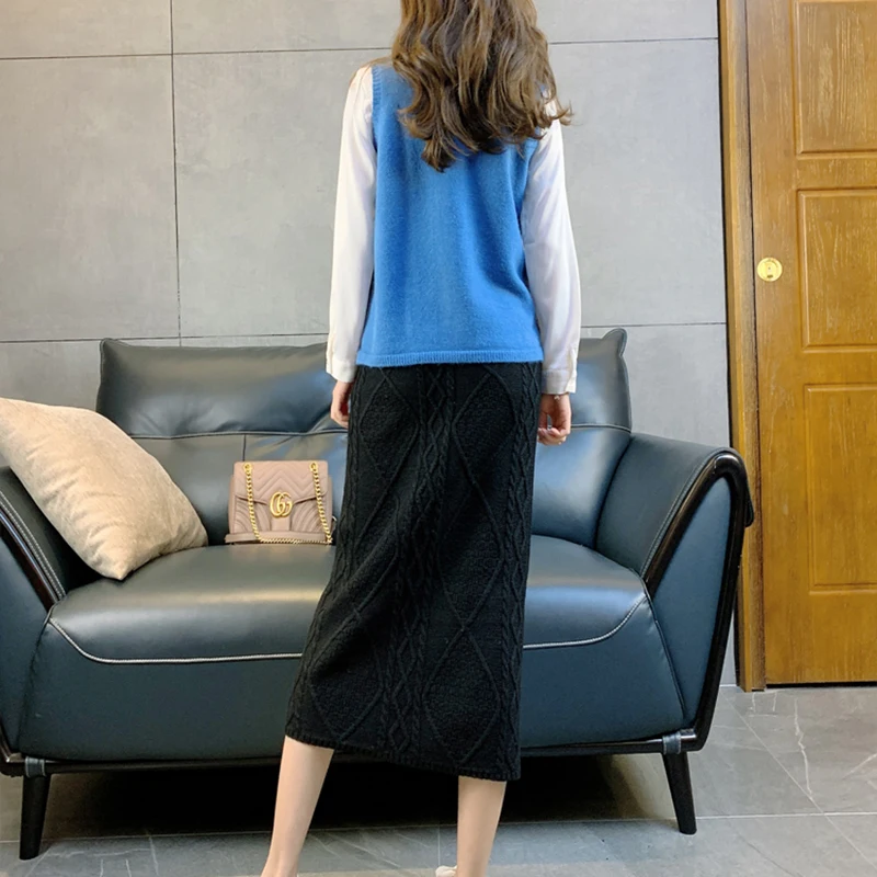 

Autumn Winter Women's Skirt Korean Style Diamond Lattice Knit Skirt New Solid Color High Waisted Thin All-match Skirts LL570