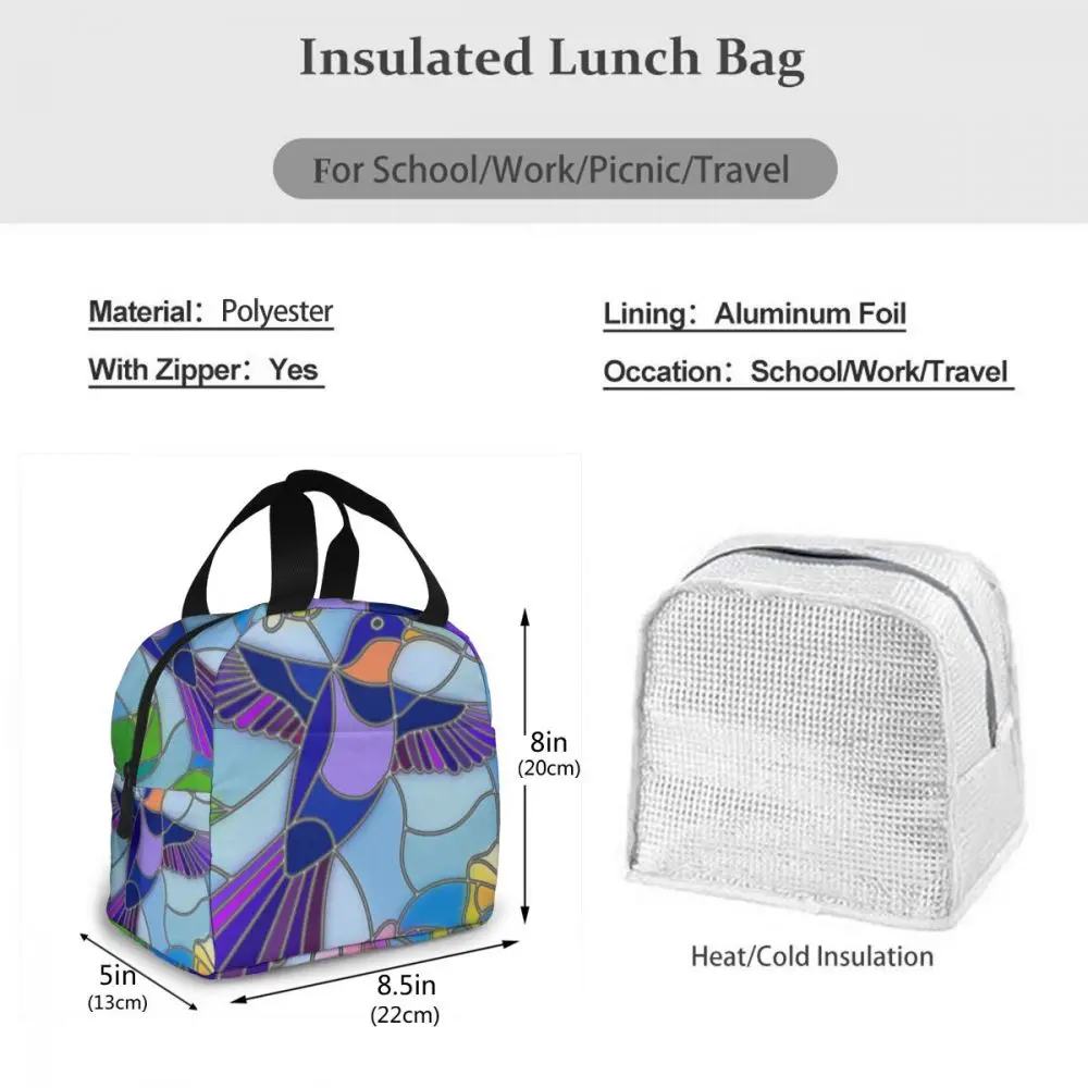 

Stained Glass Hummingbird And Flowers Cooler Bag Portable Zipper Thermal Lunch Bag Convenient Lunch Box Tote Food Bag