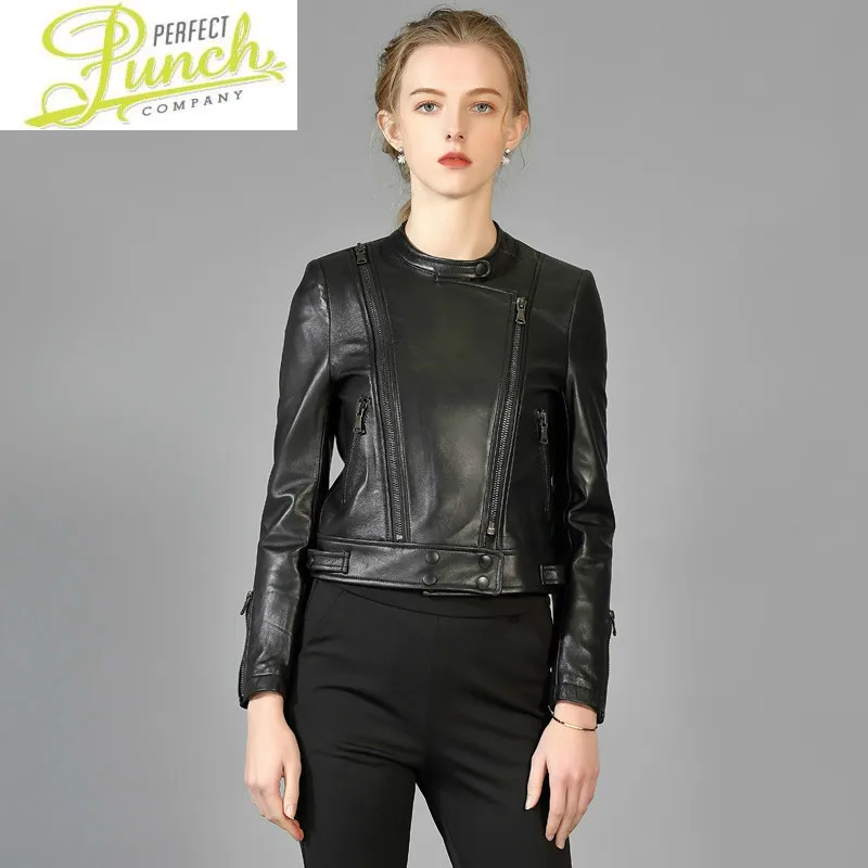 New Women's Spring 2021 Autumn Real Genuine Leather Women Short Motorcycle Jacket Slim Fit V17106 KJ5517