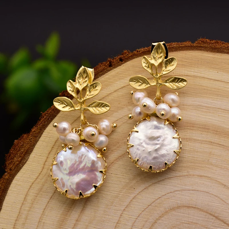 

Модные натуральный пресноводный жемчуг, серьги для женщин и девушек, свадебные лист болтающиеся листья висячие серьги-гвоздики с оригиналь...