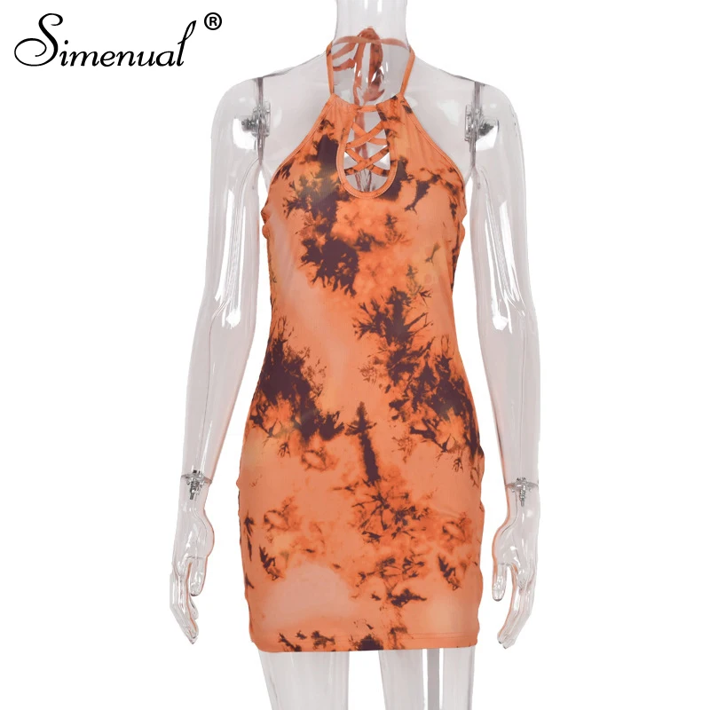 

Simenual Tie Dye Skinny Halter Dresses For Women Bandage Backless Partywear Midnight Club Outfits Sexy Print Sundress Fashion