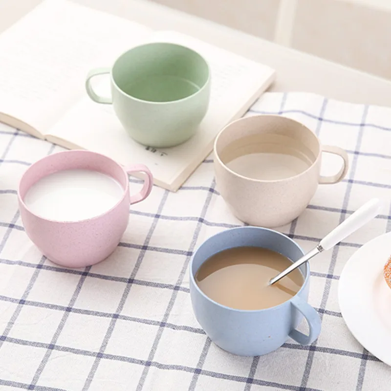 

1Pcs Wheat Straw Coffee Milk Breakfast Tea Cup Flat bottom Gift Mug Cup Plastic Reusable Travel Kids Cups For Kitchen Bathroom