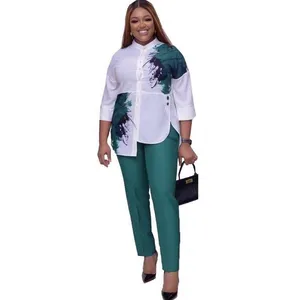 2 piece set women slim solid pants and 34 sleeve stand collar split top 2020 fashion print irregular office lady suit outfits free global shipping