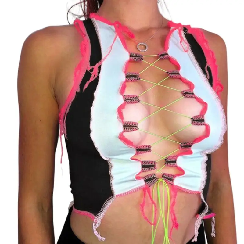 Женский укороченный топ без рукавов с вышивкой в стиле пэчворк цвет блок