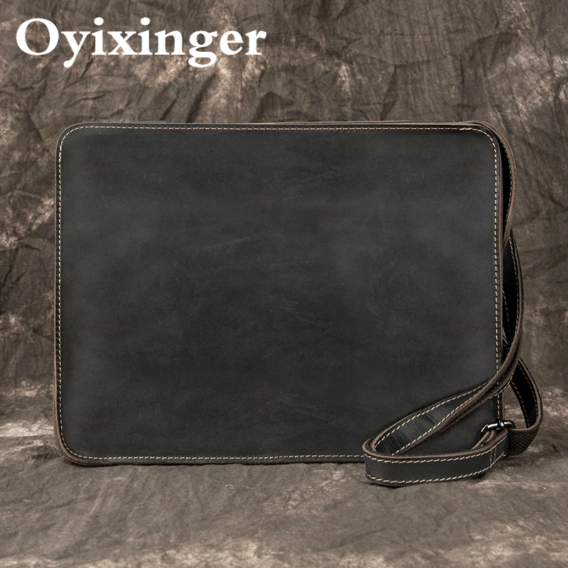 OYIXINGER Genuine Leather Laptop Briefcase Luxury Retro Shoulder Bag Male Top Quality Crazy Horse Laptop Bag For 13
