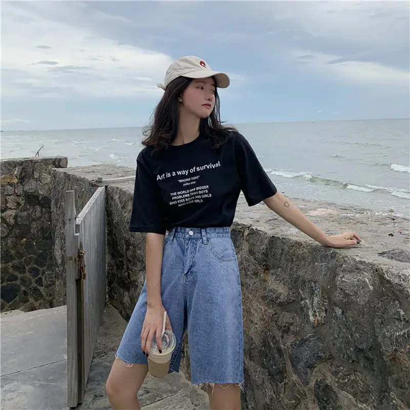 REALEFT New 2020 Summer Denim Half Pants High Waist Chic Wide Leg Jeans Korean OL Style Cowboy Loose Trousers Pocket | Женская одежда