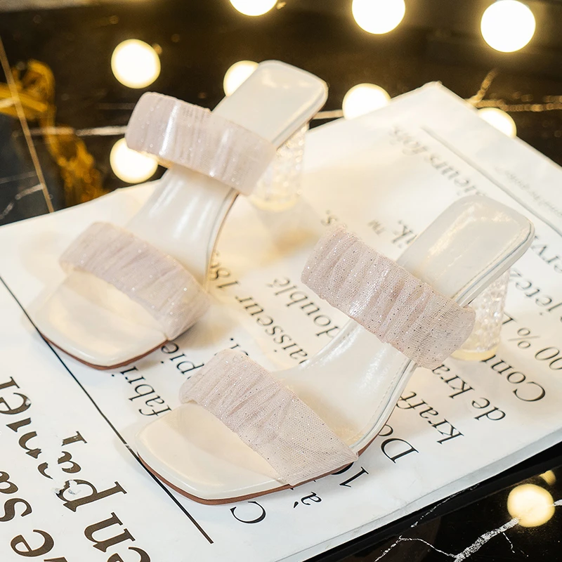 

Blue Cool Mesh Transparent Slippers Women Clear Heels 2021 Summer Slides Fashion Elegant Mules Shoes Round High Heels Slippers