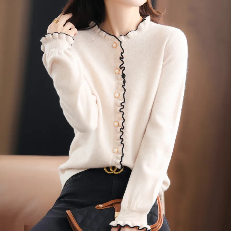 

Limiguyue Fungus Lace Collar Sweaters Elegant Solid Soft Cardigans Women Spring Autumn Wool Tops Single-breasted Coats K3978
