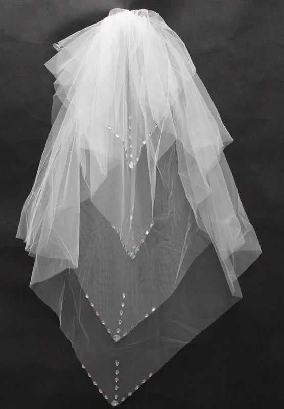 

In Stock White Ivory Short Appliques Two Layer Beaded Elbow Length Tulle Wedding Bridal Veil
