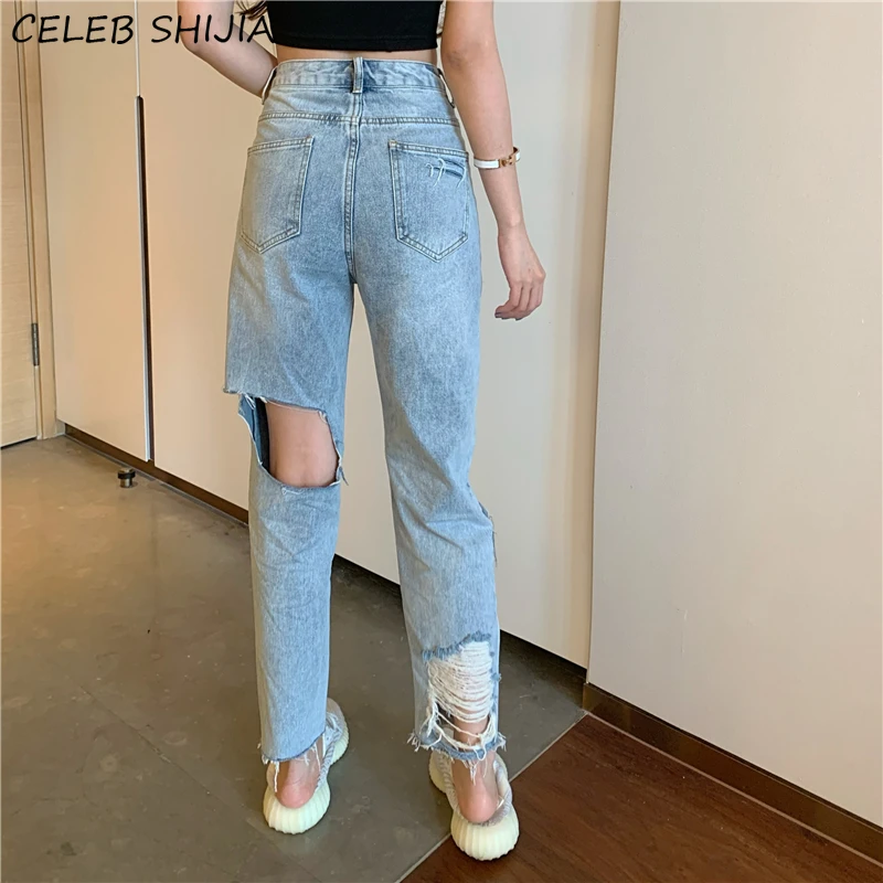 

Женские рваные джинсы SHIJIA, винтажные синие джинсовые брюки с высокой талией, женские брюки с дырками, уличная одежда, мешковатые джинсы для ...