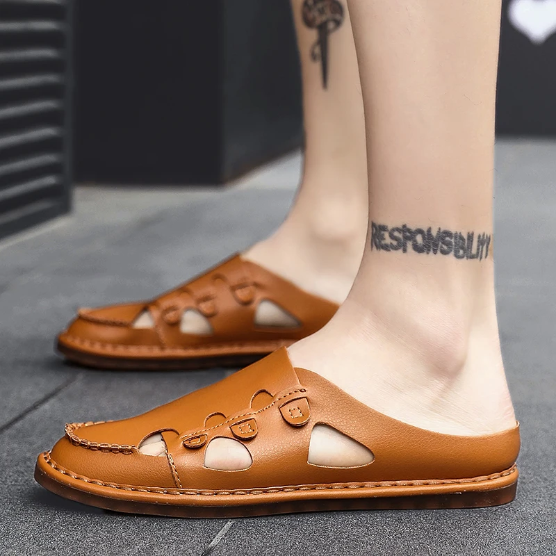 Коричневые мюли из натуральной кожи мужские слиперы слипоны на плоской подошве