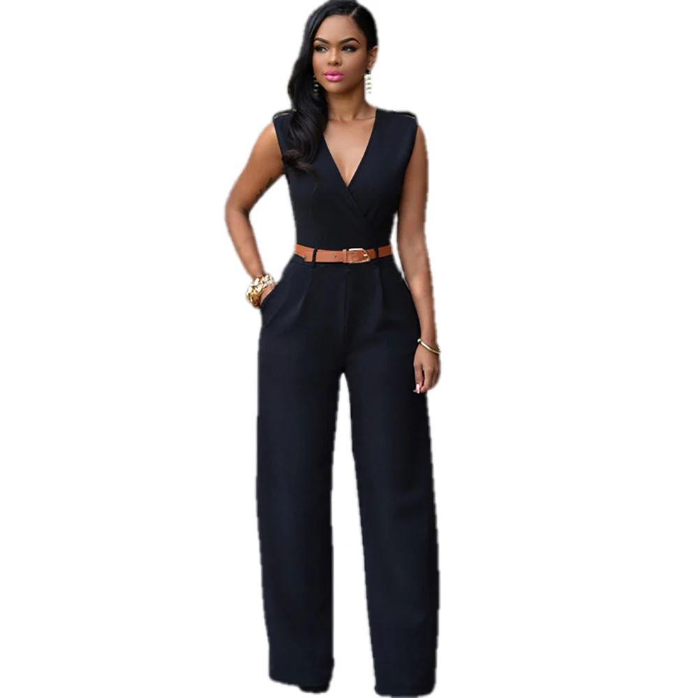 

Women's suit Summer 2021 new women's slim high waist V-neck wide leg pants fashion loose slim casual Jumpsuit with belt suit
