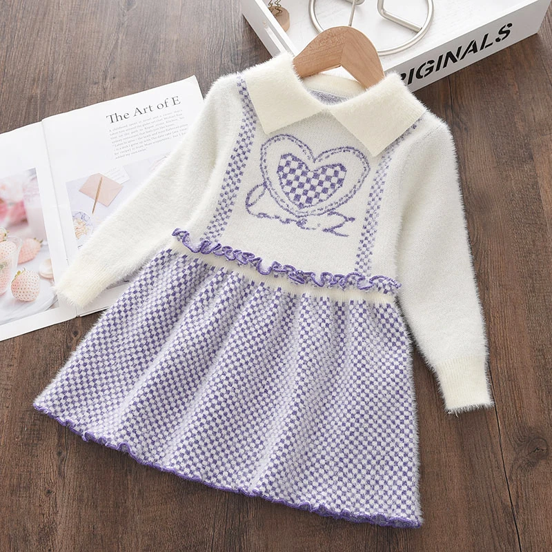 

Bear Leader Kids Girl Knitted 2022 Winter Dresses Fashion Cartoon love Baby Ruffles Cute Vestidos Children Clothes For 3-7Y