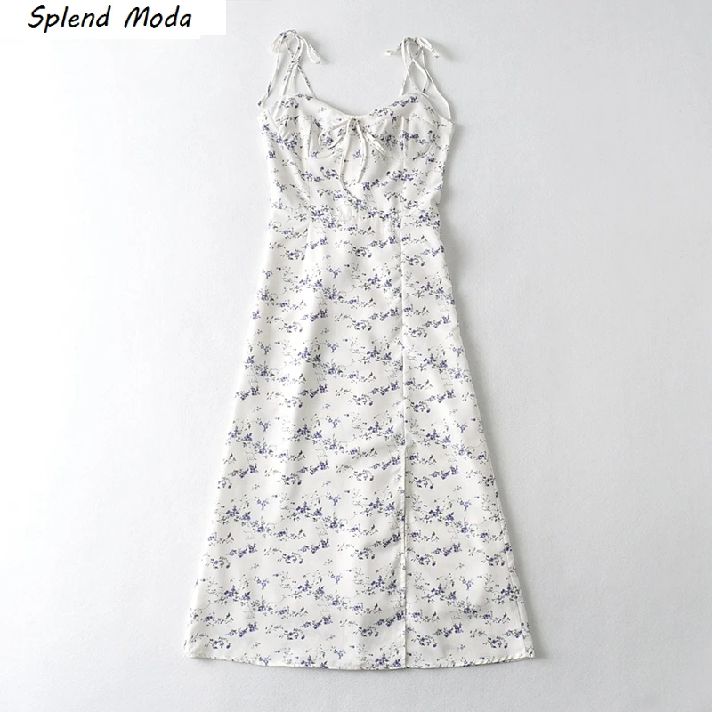 

Splend Moda 2021 Summer New Women Floral Print Lace-Up High Waist Slim-Fit Hem Slit Spaghetti Strap Dress Women Zipper Vestido