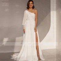 sexy one shoulder wedding dress 2021 chiffon high split one sleeve lace appliques court train charming for women robe de rustic