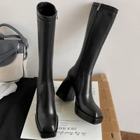 women genuine leather knee high boots platform thick heel shoes square toe high heel zipper ladies boots autumn winter